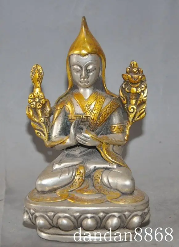 

christmas china tibet buddhism silver-Gilt seat lotus Tsongkhapa buddha statue Sculpture halloween