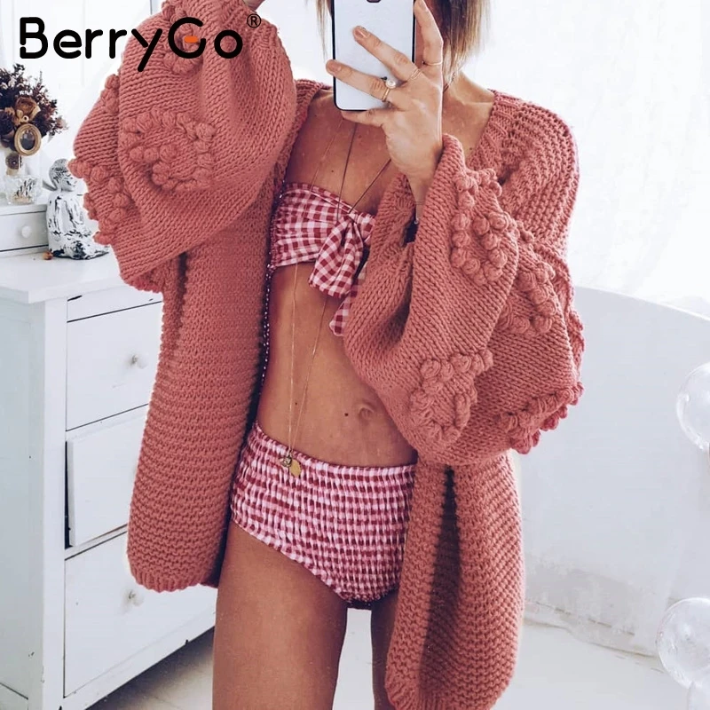

BerryGo Casual Oversize women knitted cardigans sweater Lantern sleeve loose sweaters Autumn winter female cardigan outwear coat