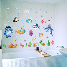 Peces de Dibujos Animados creativo Baño Etiqueta Engomada Linda Niños Habitaciones Pared Decoración Muursticker Impermeable salle de Bain Cartel Enfant SD071