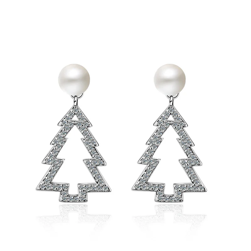 Trendy Christmas Tree Plastic Pearl 925 Sterling Silver Ladies Stud Earrings Original Jewelry For Women Anti Allergy Gift