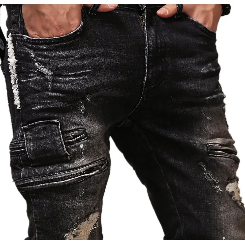 Высококачественные мужские рваные байкерские джинсы на молнии, хлопковые черные облегающие мужские мотоциклетные штаны, мужские винтажные потертые джинсовые брюки