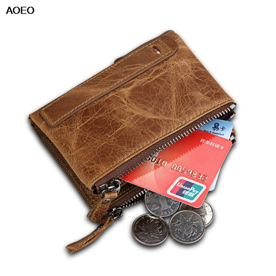 

AOEO unisex genuine leather wallet for women men double zipper design purse female good quality Small bag slim male wallets