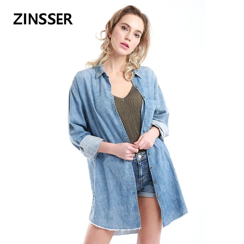 

Autumn Winter Women Denim Fancy Shirt Long Loose Casual Frayed Bottom Long Sleeve With 1 Pocket Blue Female Lady Blouse Top