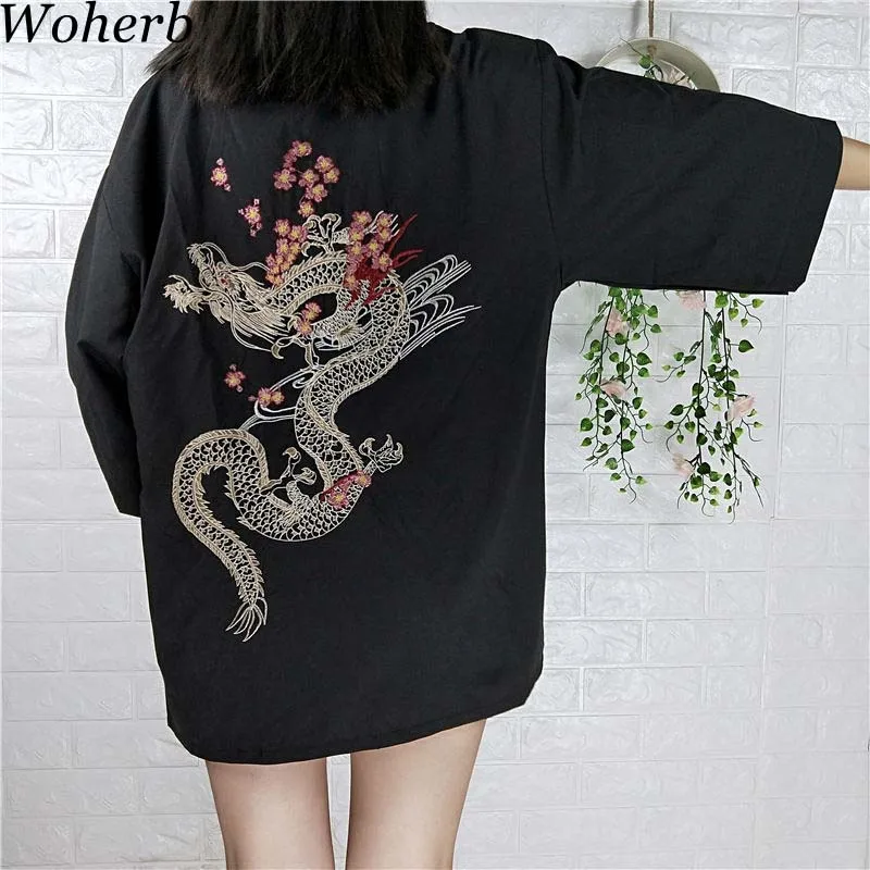 

Woherb Harajuku Unisex Kimono 2019 Plus Size Loose Blouse Embroidery Patch Womens Tops And Blouses Vintage Blusas 20872