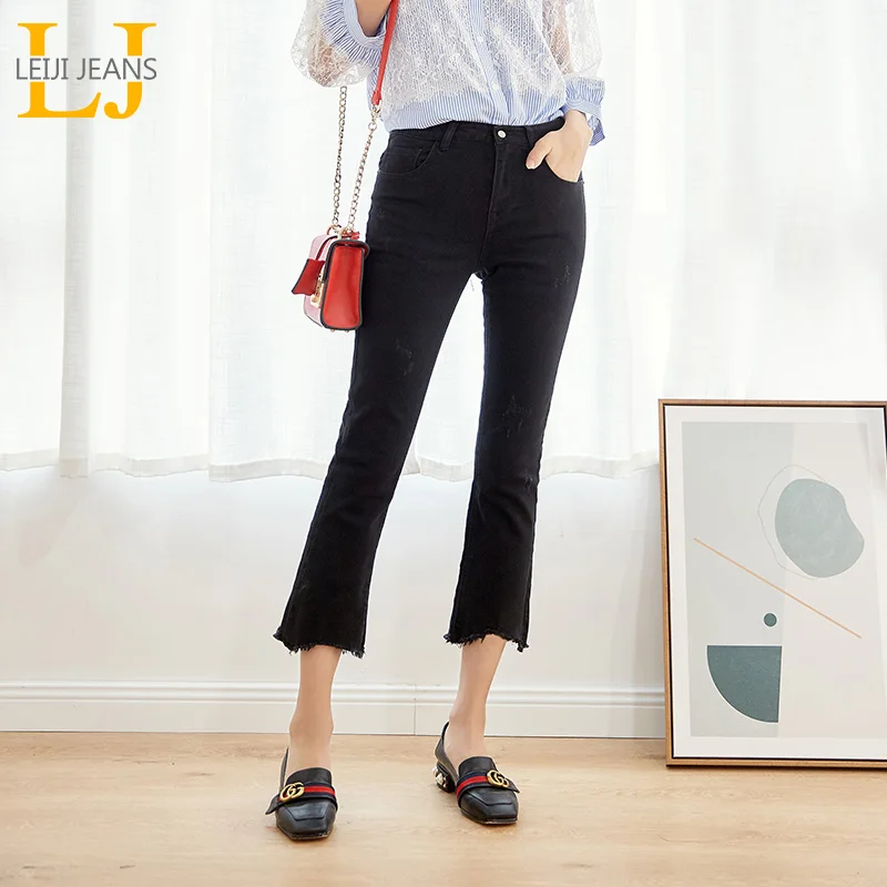 Женские джинсы-капельки LEIJIJEANS черные эластичные брюки до щиколотки со средней