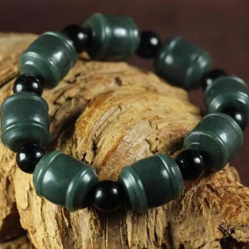 Натуральный зеленый нефритовый барабанный браслет Qing Yu и черная бусина|bracelet