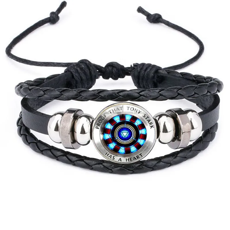 

New Iron Man Tony Stark Heart Leather Bracelet The Avengers Iron Man Arc Reactor Glass Cabochon Charm Bracelet Bangles Jewelry