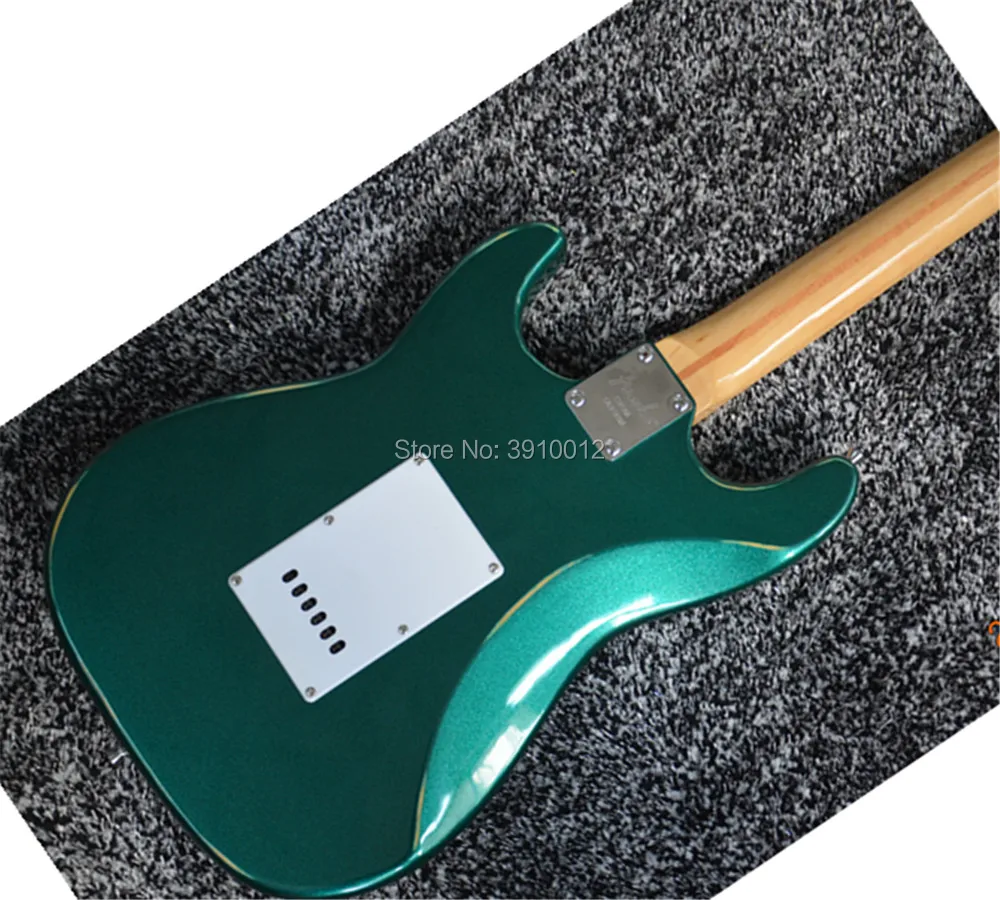 factory direct ST electric guitar metal green with yellow stripes to do the old signature models can be customized colors