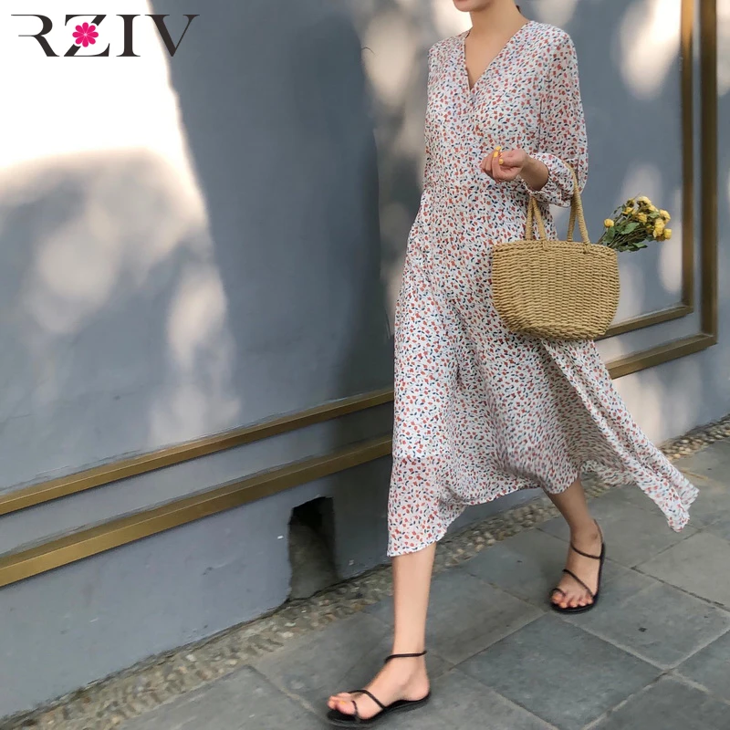 

RZIV Women casual summer dress flower print V-neck long-sleeved dress Vestidos