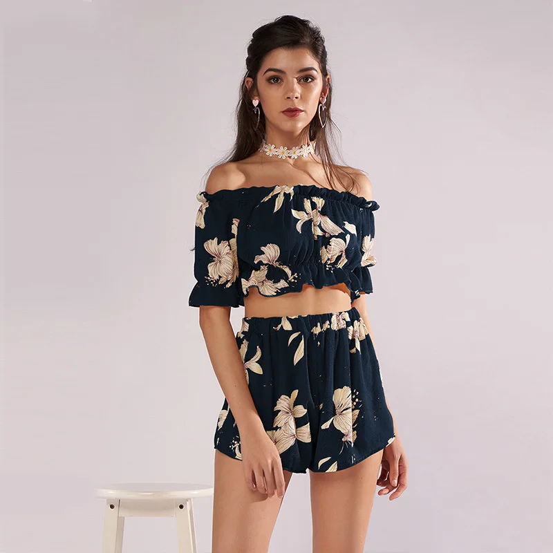 Summer Floral Boho Two Piece Sets Women Suits 2019 Off Shoulder Ruffles