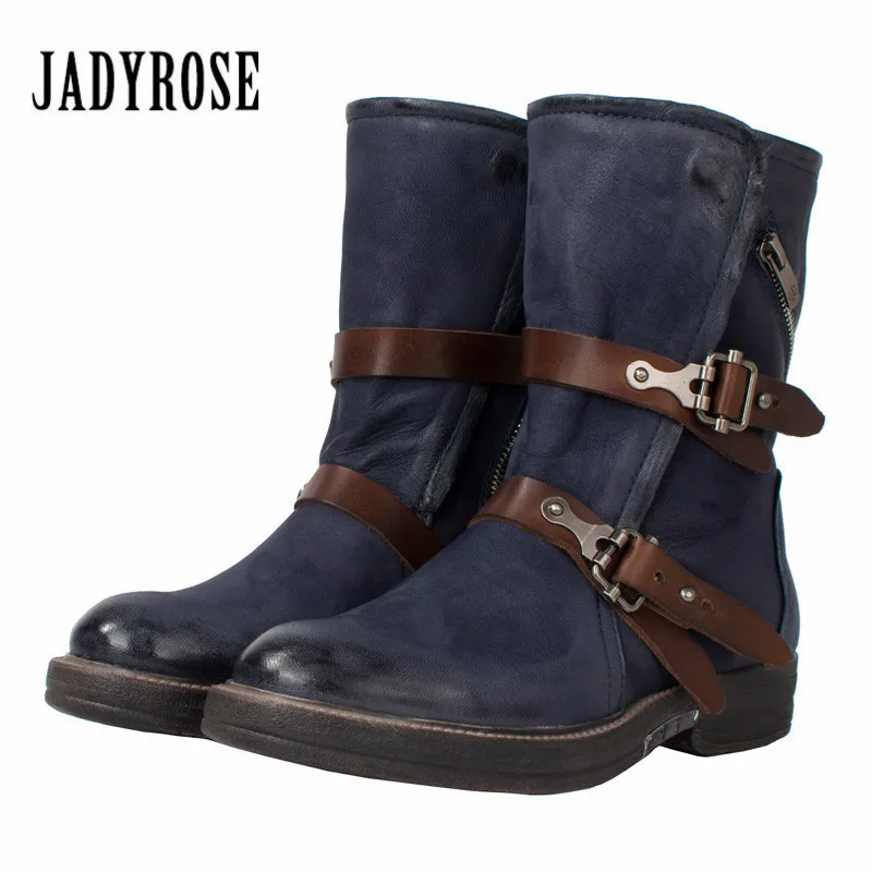 Jady Rose Blue Women Ankle Boots Genuine Leather Strap Flat High Boots Rubber Shoes Woman Platform Martin Boot for Autumn Winter