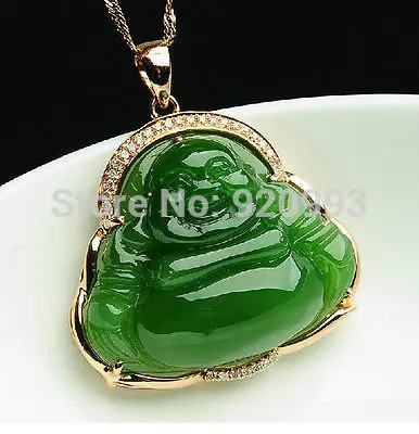 

Wholesale&FREE P&P**happy buddha Hetian green jasper jade jadeite necklace pendant emerald 18k gold