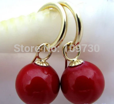 

ry00320 16mm round red shell pearl dangle earring