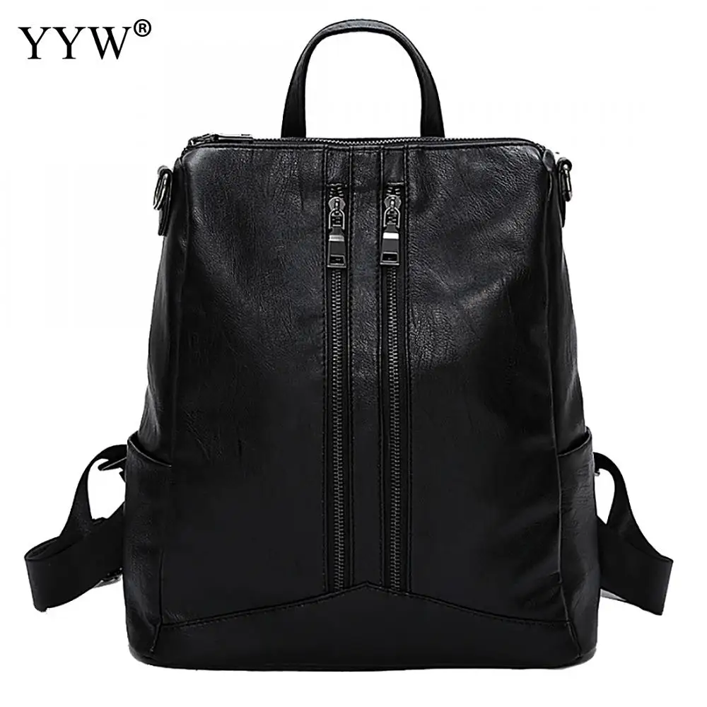 YYW Hot Sale Leather Backpack For Women Sewing Thread Soft School Backpack Preppy Style Solid ...