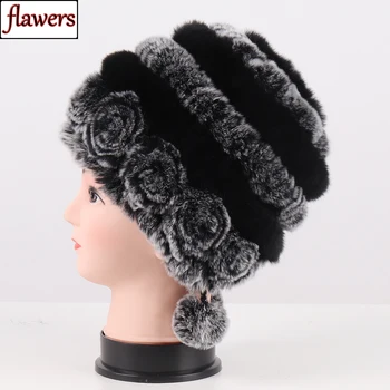 

2019 Knitted Good Elastic Genuine Rex Rabbit Fur Hats Women Winter Warm Soft Real Fur Cap Russian Lady Floral Natural Fur Hat