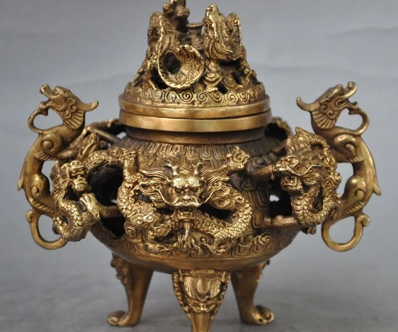 

6" chinese Buddhism Temple brass Kowloon 9 Dragon statue incense burner Censer