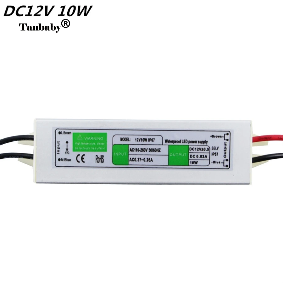 

DC12V 10W IP67Waterproof LED Driver Power Supply Aluminum Alloy Transformer AC110-260 to 12 Volt DC Output