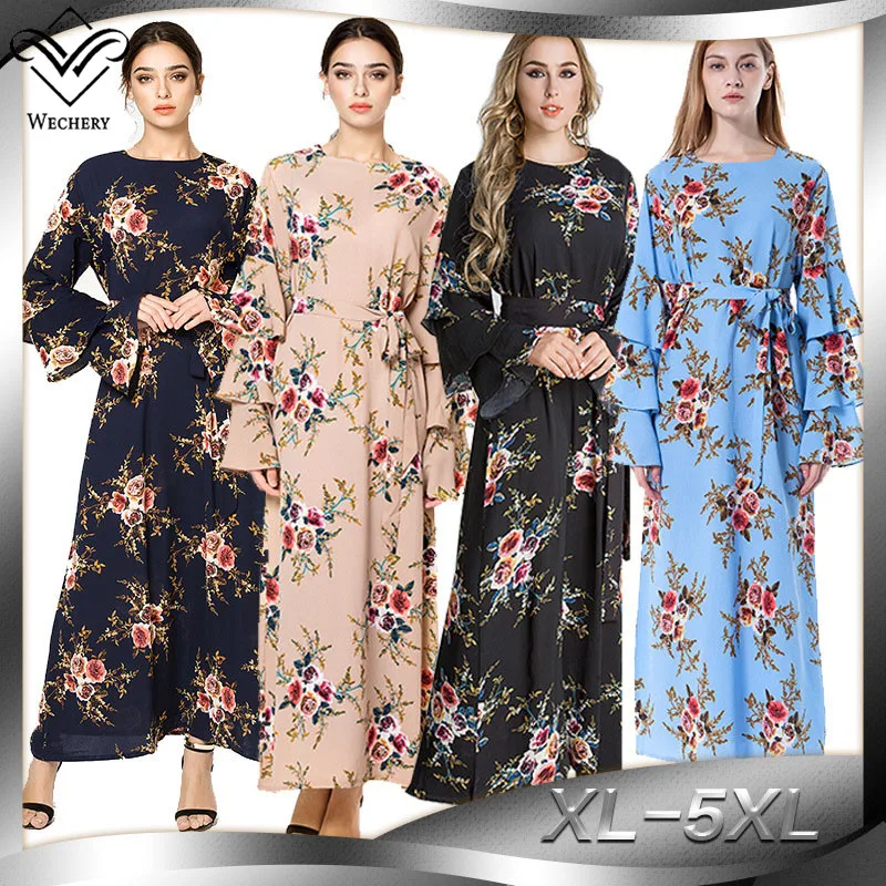 WU1796 M-7XL плюс Размеры мусульманское платье цветочный Turmpet рукавом Абаи для Для женщин оборками дизайн тонкая талия кафтан