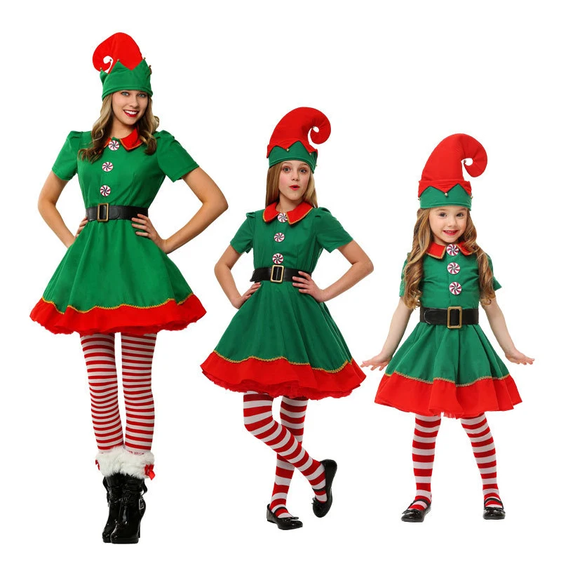 Забавные зеленые рождественские костюмы для взрослых; костюм Санта-Клауса; Семейные комплекты; детское карнавальное платье; новогодний наряд для девочек - Цвет: Girls