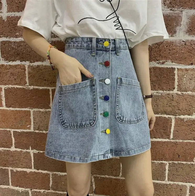 

Summer high waist color button denim skirt women