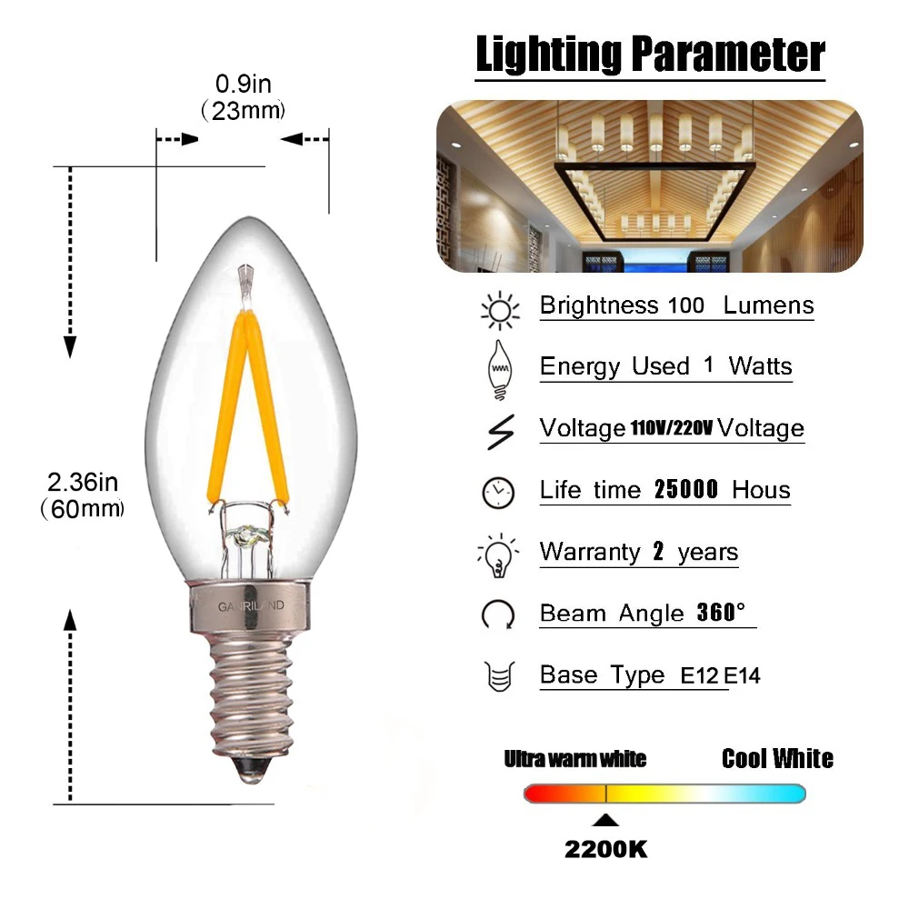 Ganriland Dimmable C7 Refrigerator Edison LED лампы накаливания E12 E14 лампочки 1 Вт 2200 к 110 В 220 Bombillo