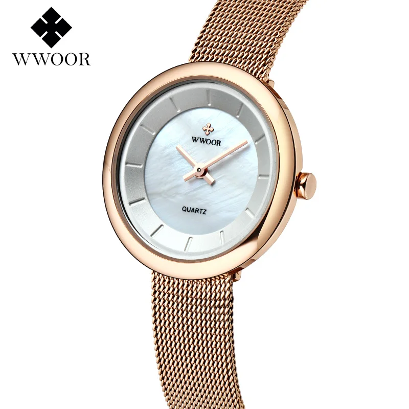 WWOOR, элегантные Брендовые женские часы из розового золота,, Montre Femme, модные женские часы с браслетом, ультратонкие кварцевые наручные часы Relogio
