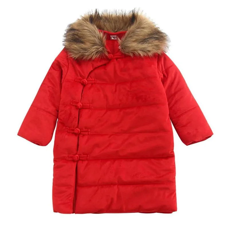 

DFXD Kids Girl Red Long Single-breasted Cotton Padded Coat Winter Thick Velvet Fur Collar Warm Princess Outwear 2-7Years