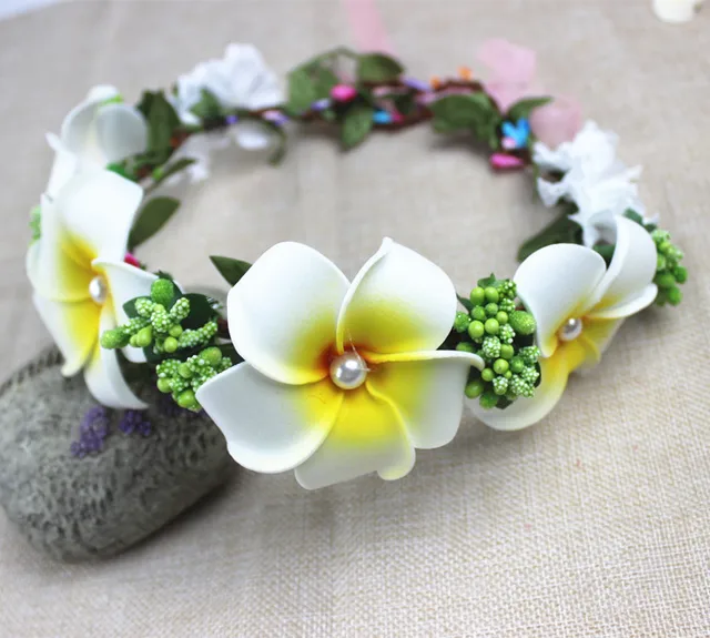 Elegance Hawaiian Frangipani Plumeria Head Flower Wreath and Bracelet