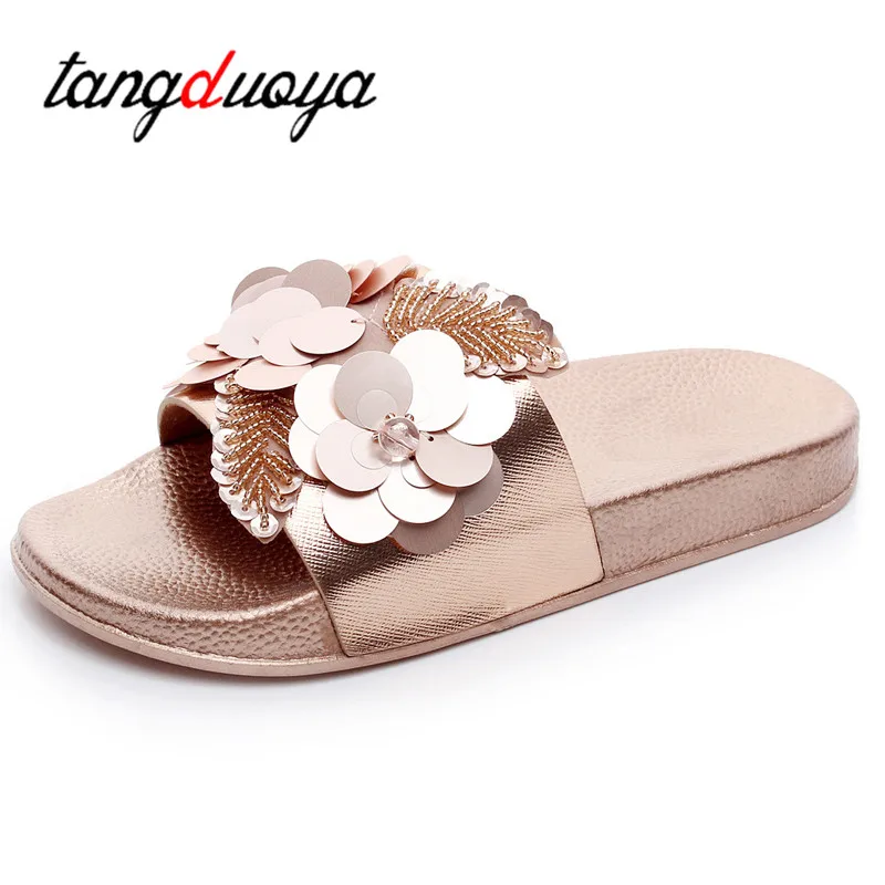 

Gold and silver flat shoes sandals Bling summer beach slippers platform casual shoes ladies slip crawler 3 color M525