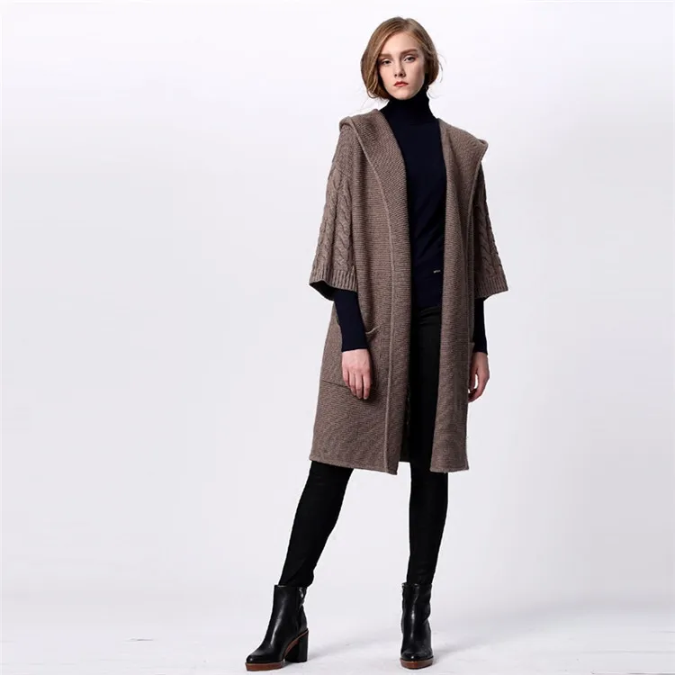 Высококлассный кашемировый шерстяной плотный вязаный женский бутик с капюшоном и поясом, длинный кардиган, свитер, пальто с 7-ми рукавами M/110-L/114
