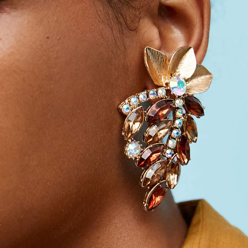 Girlgo hot women big statement earrings za new arrival plant flowers leaves pendant rhinestone