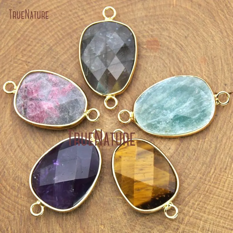 

10Pcs Pure Amazonite, Tiger Eye, Labradorite, Stone Connector Gold Color Faceted Pear Shape Connector For Sale 30x16mm PC14516