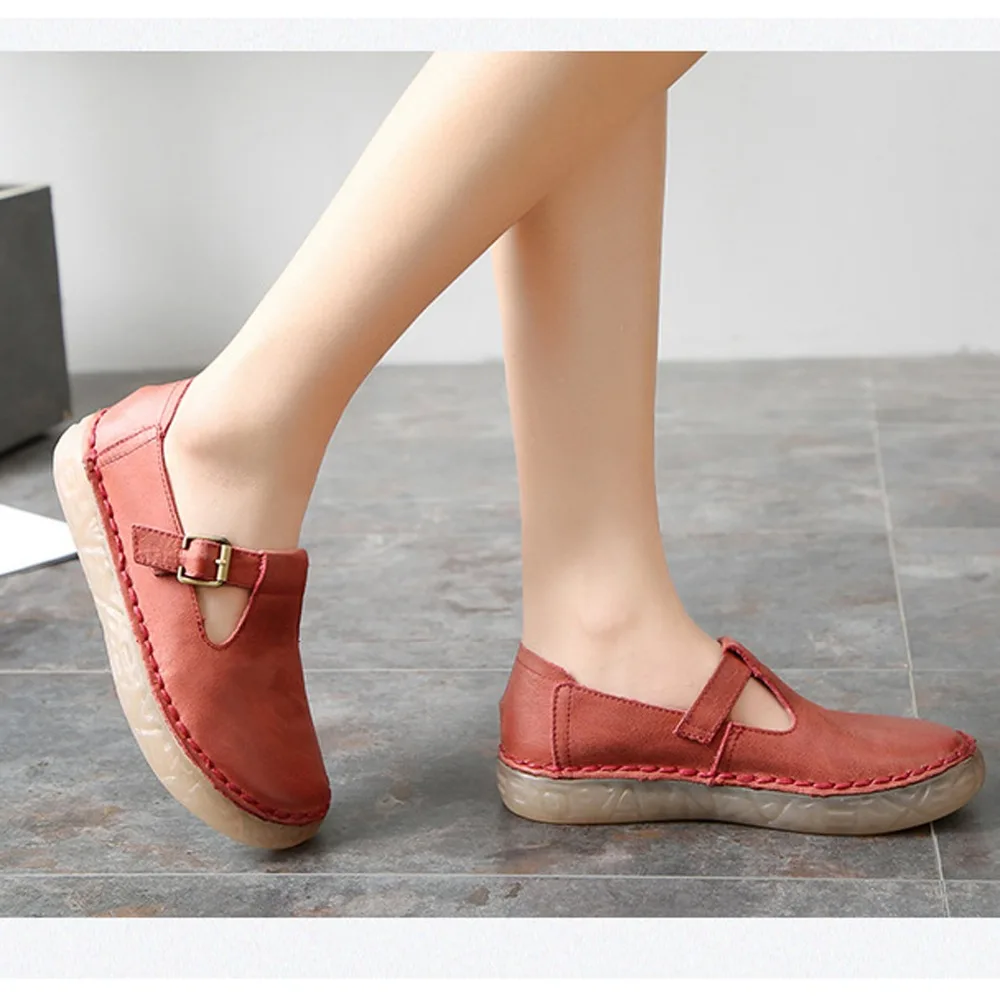 

Women's Genuine Cow Leather Flats Summer Buckle Strap Red Coffee Casual Shoes For Women Comfortable Round-Toe Shallow 2019