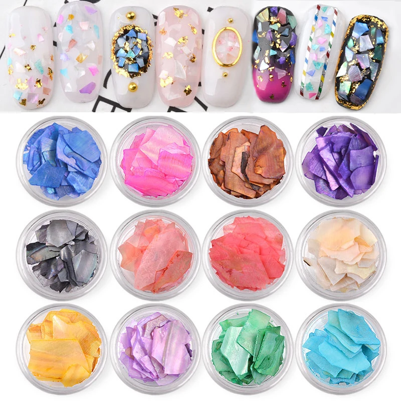 

12 Per Lot 12 Mixed Colors Shell Flakes Natural Crushed Stone Thin Slice Gradient Gravel Shell 3d Glitter Nail Art Decoration