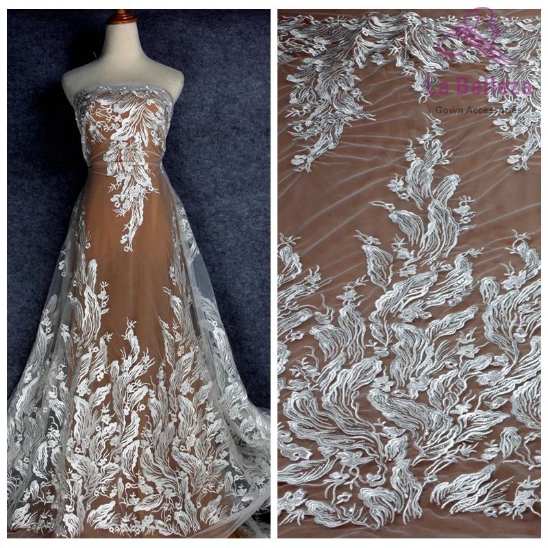 

La Belleza 1 yard 2019 wedding gown new desinge off white rayon with clear sequins on mesh embroidery lace fabric