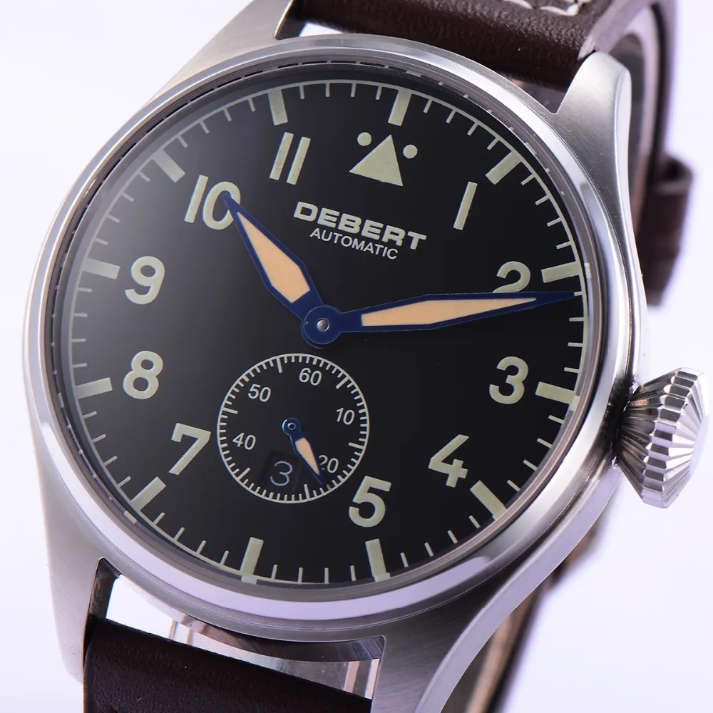 Debert 42 мм черный циферблат сапфировое стекло кожаный ремешок автоматические часы для мужчин