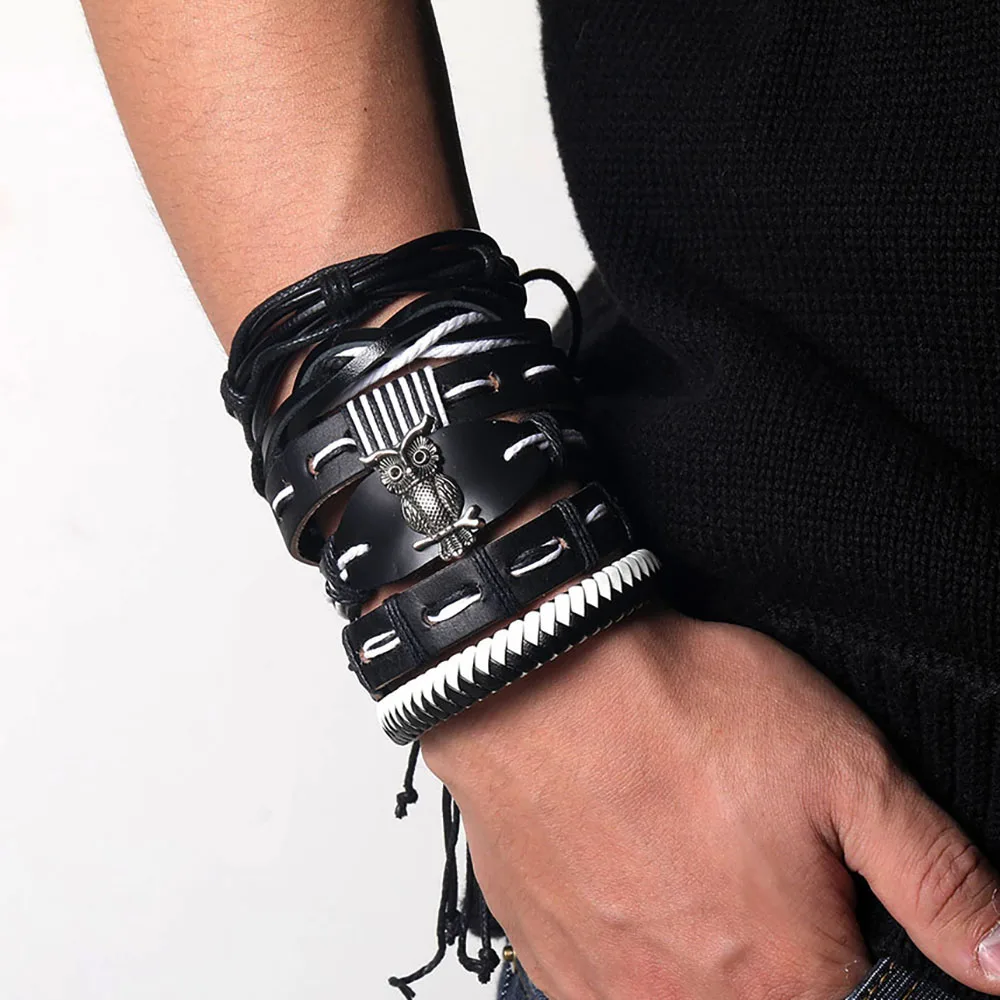 

17IF Punk Multiple Layers Owl Leather Bracelet Mens Vintage Classic Rope Chain Charms Wrap Bracelet Set For Men Jewelry 2019 NEW