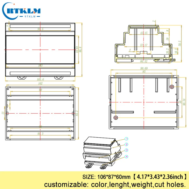Пластиковые корпуса на din-рейке, небольшая распределительная коробка ABS для электронных поделок, пользовательский корпус PLC для электроники, коробка 106*87*60 мм