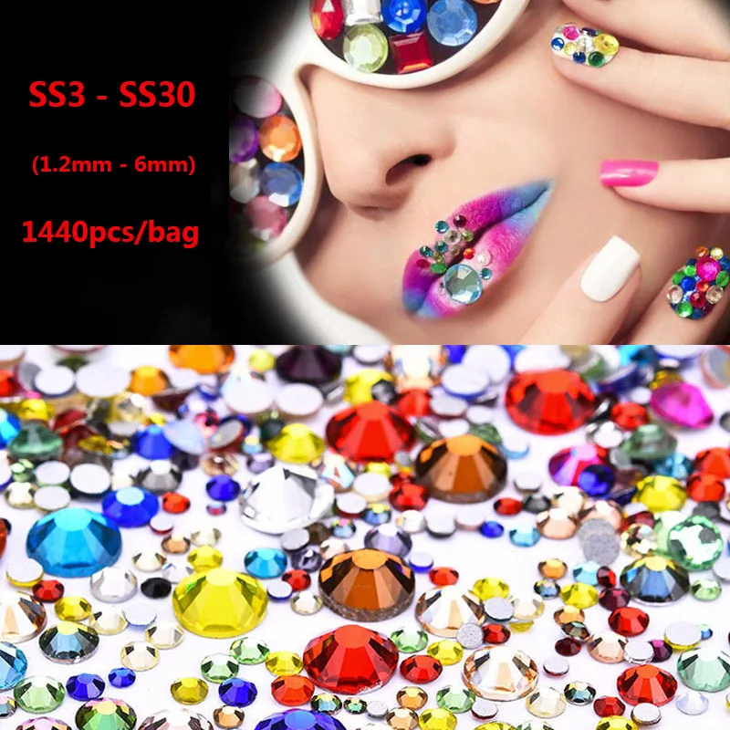 1440 шт. стразы для дизайна ногтей разноцветные стеклянные SS3 SS4 SS5 SS6 SS8 SS10 SS12 SS16 SS20 SS30