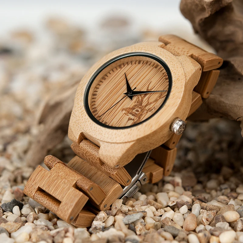 BOBOBIRD D28 часы из натурального бамбука с головой оленя гравированный циферблат с бамбуковым ремешком для подарка