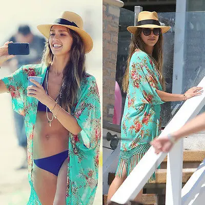 2017 NEW Summer Floral Beach Cover Up Bikini Bathing Suit Ups BeachWear Tassel Trim Swimsuit Coverup Dress |