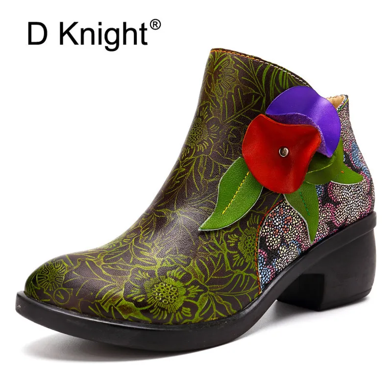 

Mixed Color Print Genuine Leather Boots Women Shoes Handmade Flower Zipper Ankle Boots Spring Autumn Vintage Floral Female Botas