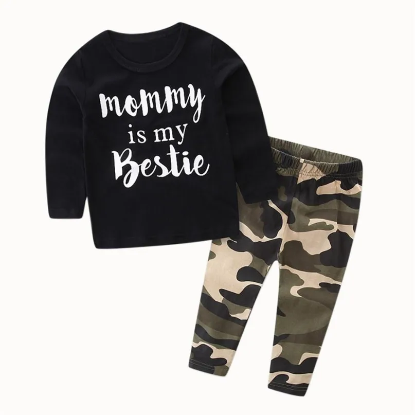 

Black Color Hot Handsome Toddler Kid Baby Boy Set Clothes Letter Print Tops +Camouflage Pants Outfits Set drop shipped ST01
