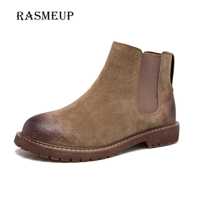 

RASMEUP Retro Genuine Leather Women's Chelsea Boots 2017 Vintage Autumn Winter Women Plush Slip-on Ankle Boots Woman Martin Shoe