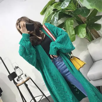 

Sweater Cardigan Autumn Girl Korean Casual Fashion Medium Long Lantern Sleeve Solid Color Thin Jacket Twist Knit Cardigan