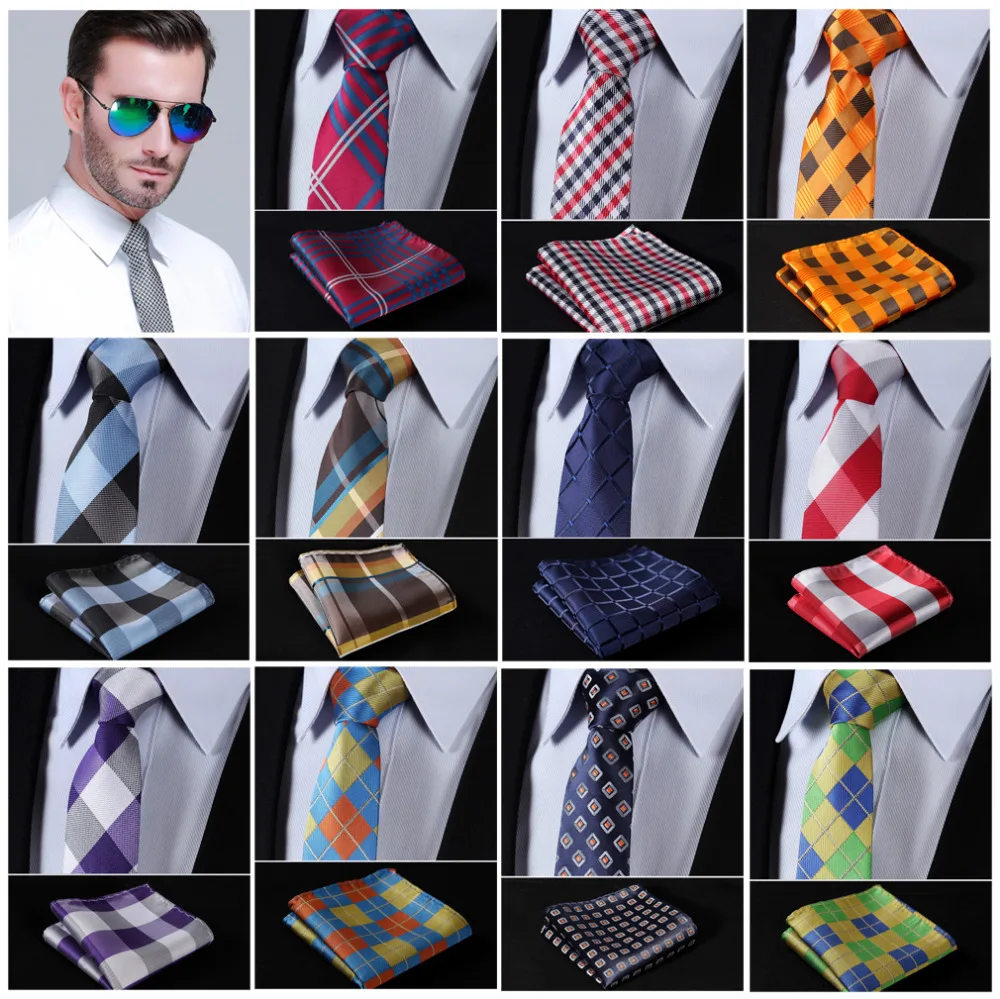 

Check 2.75" Slim Narrow Tie Necktie Men Pocket Square handkerchief set Suit #E6