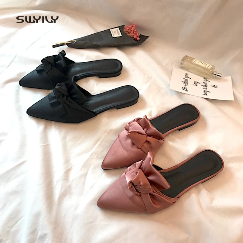 

SWYIYV Women's Slides Mulers Shoes Spring Summer 2018 Bow Slik Half Slippers Pointed Pearl Lady Casual Shoes Flat Womens Slides