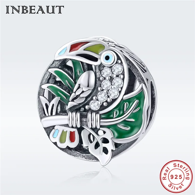 

925 Sterling Silver Bush Shrub Parrot Charm fit Pandora Bracelet Green Tree White Round CZ Bird Beads Christmas Jewelry Making