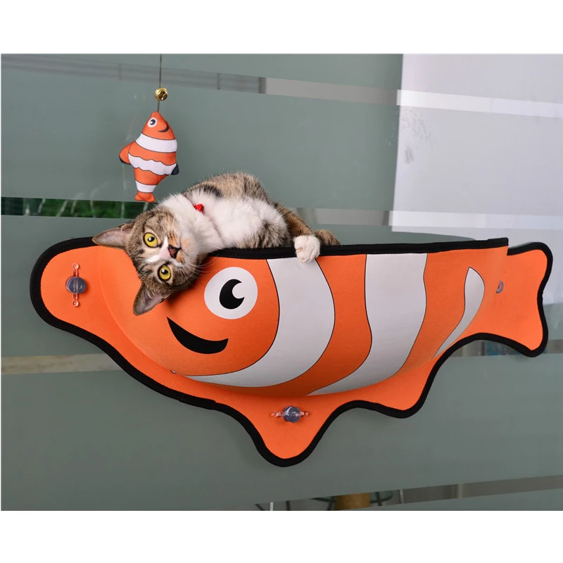 

Lovely Fish-shaped Cat Bed With Toy Squirrel Cat Hammock Cat Window Hammock Cat Sunbathing Hammock Sucker Window Sill Wall