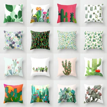 

18'' Elife Cactus Polyester Green leaves flower Cushion Cover Square plant Pillow Cover For Sofa Home cojines Decorative pillows